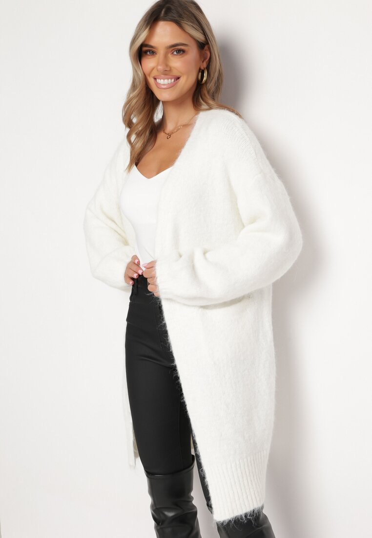 Biały Kardigan z Wełną o Fasonie Oversize Zarelia