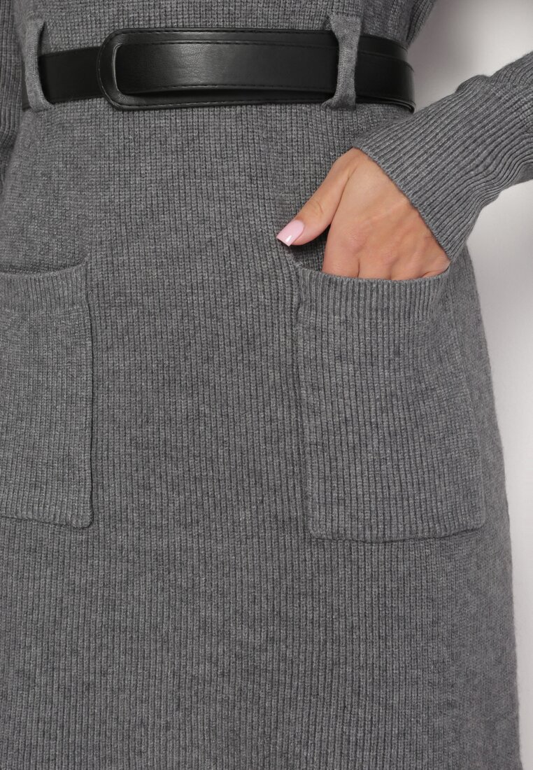 Szara Sweterkowa Sukienka Mini z Golfem i Paskiem Gratena