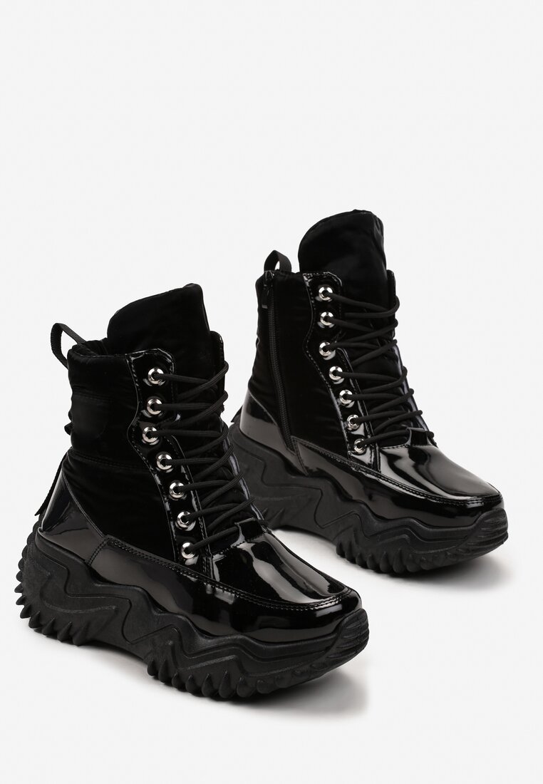 Czarne Lakierowane Sneakersy na Platformie z Wiązaniem Lorianah