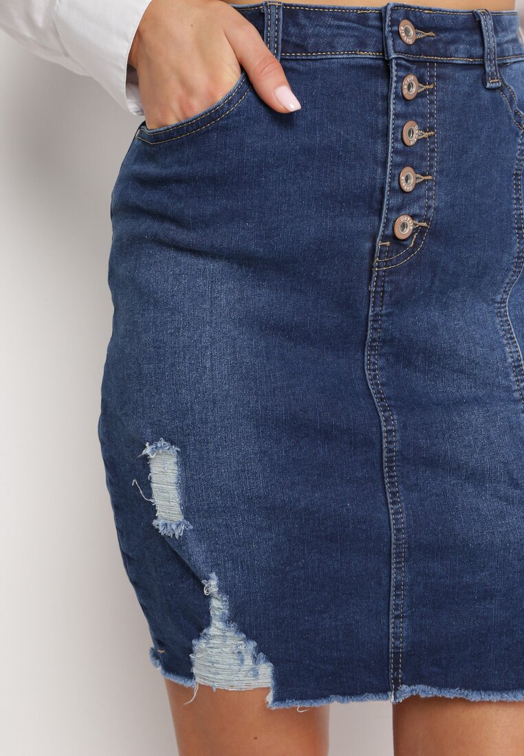 Niebieska Jeansowa Spódnica Mini na Guziki Blunira