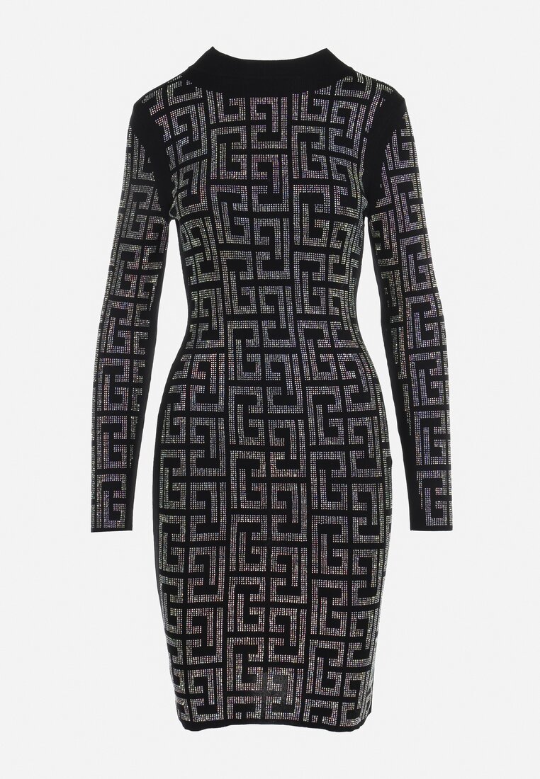 Czarna Sukienka Mini z Geometrycznym Wzorem z Cekinami Acatina