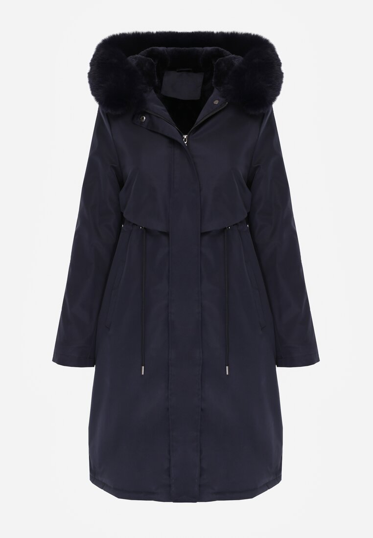 Granatowa Kurtka za Kolano ze Ściągaczem i Kapturem z Futerkiem Adoresa