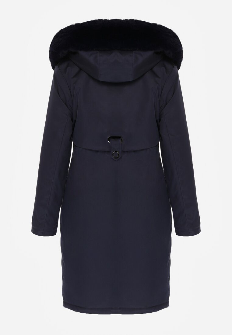 Granatowa Kurtka za Kolano ze Ściągaczem i Kapturem z Futerkiem Adoresa