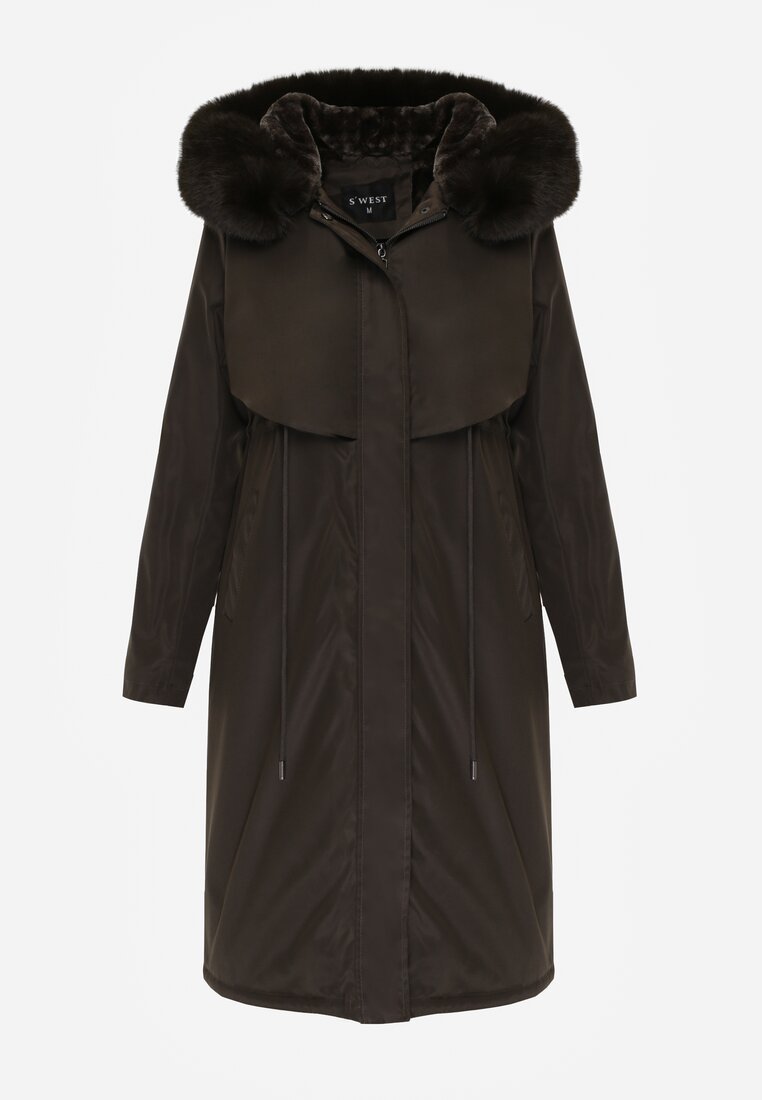 Zielona Kurtka za Kolano ze Ściągaczem i Kapturem z Futerkiem Adoresa