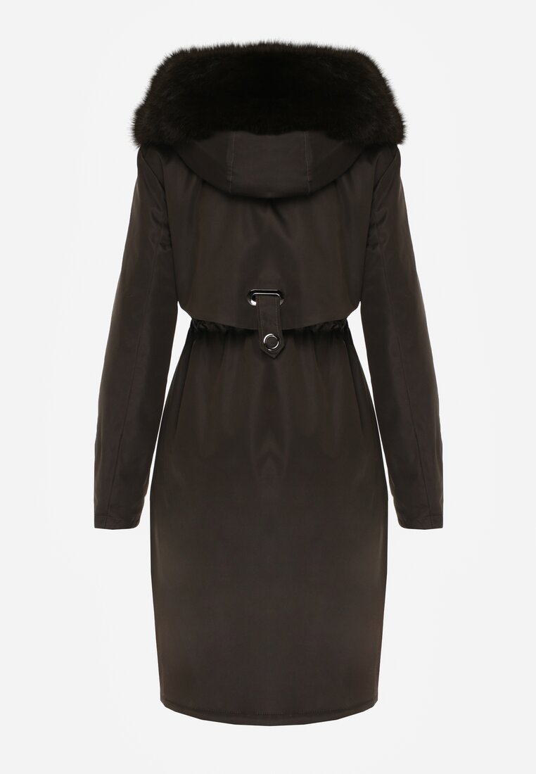 Zielona Kurtka za Kolano ze Ściągaczem i Kapturem z Futerkiem Adoresa