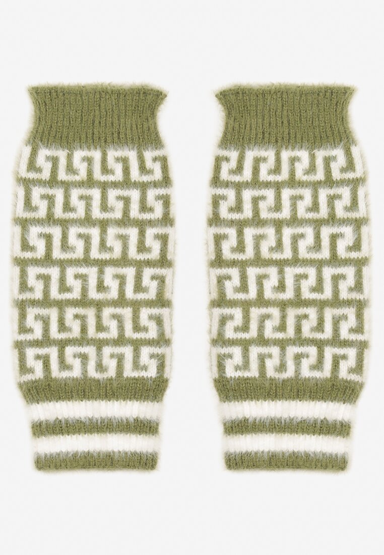 Zielone Rękawiczki z Wełną z Odkrytymi Palcami i Mozaikowym Wzorem Sosline