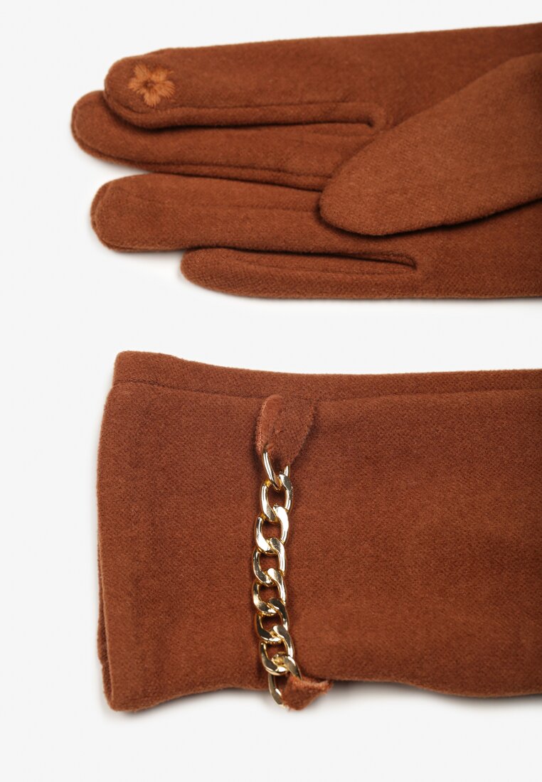 Brązowe Ocieplane Rękawiczki z Łańcuszkiem Basora