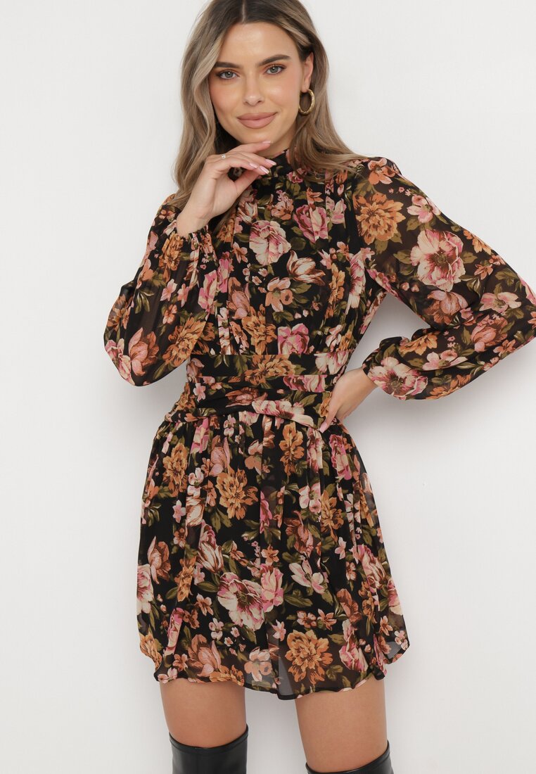 Czarno-Brązowa Sukienka Mini w Kwiaty z Ozdobnym Marszczeniem Vionarine