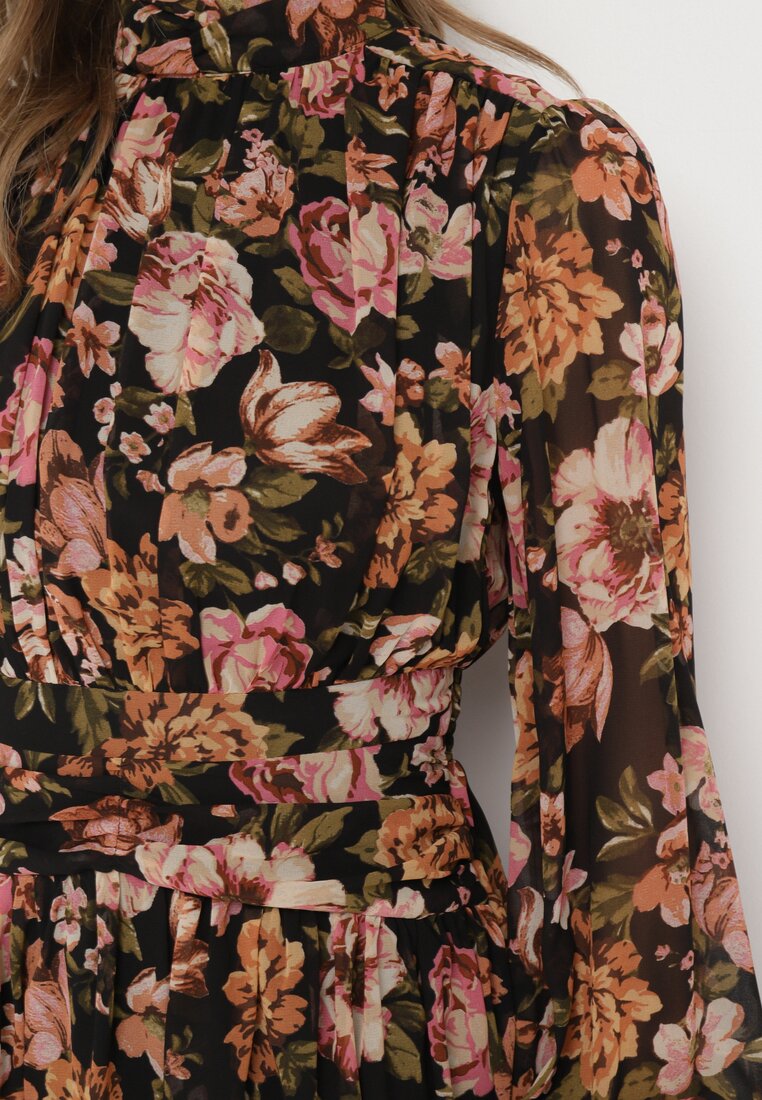 Czarno-Brązowa Sukienka Mini w Kwiaty z Ozdobnym Marszczeniem Vionarine