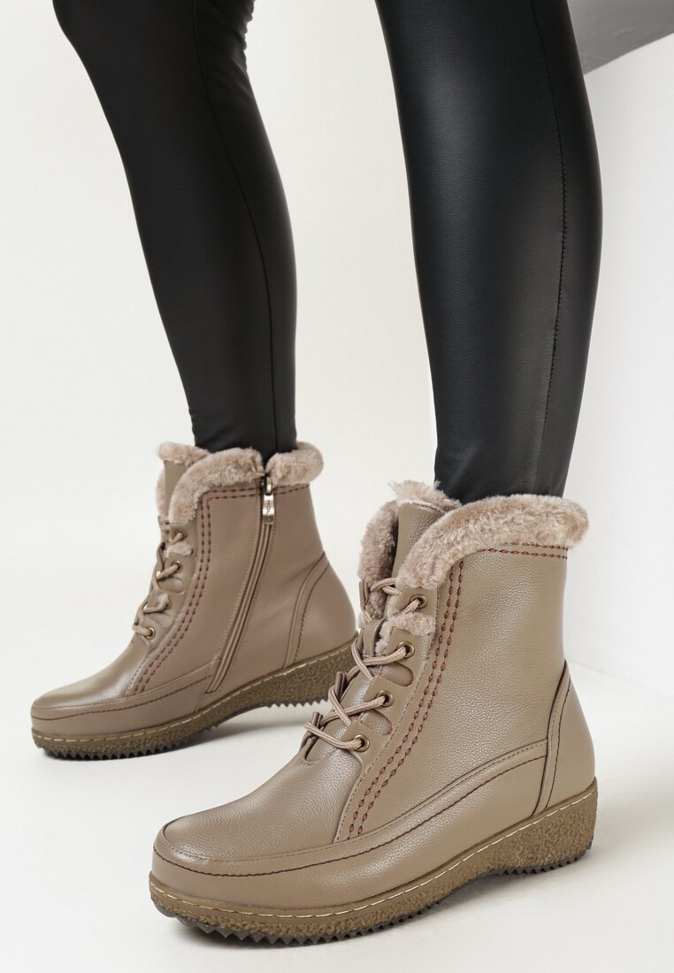 Ciemnobeżowe Botki za Kostkę z Sznurowaniem Darinthia