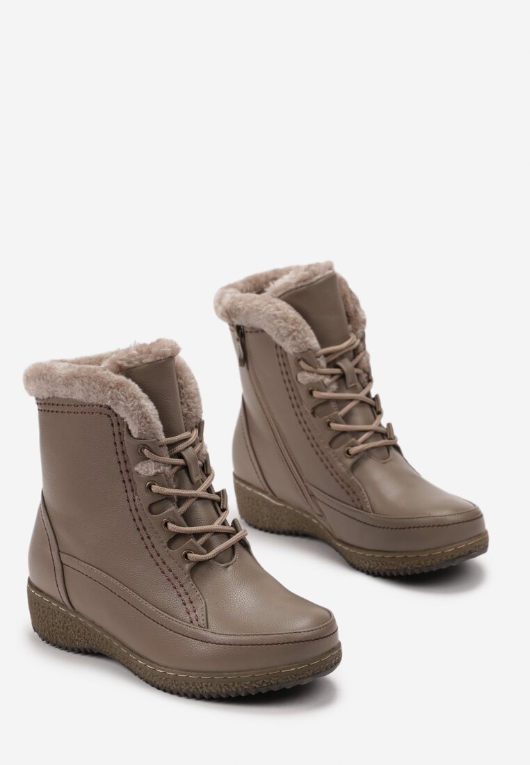 Ciemnobeżowe Botki za Kostkę z Sznurowaniem Darinthia