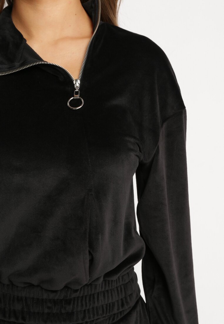 Czarny Welurowy Komplet Dresowy z Bluzą z Kapturem Oriadne