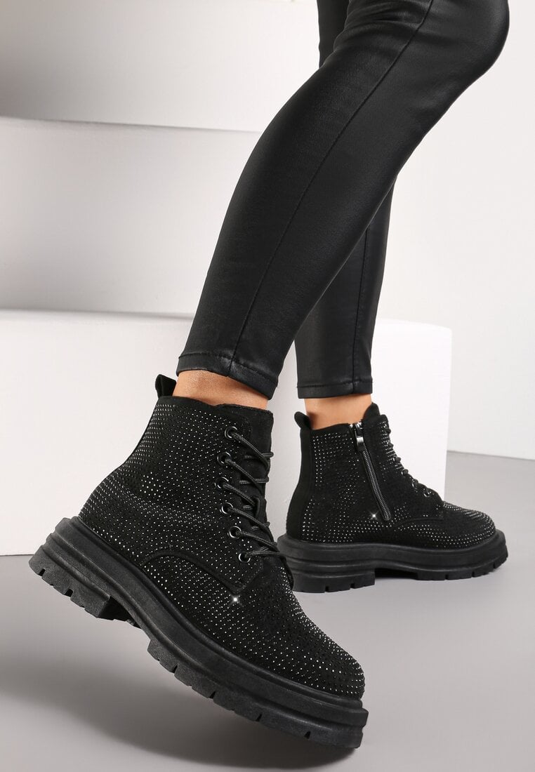 Czarne Sznurowane Botki w Cyrkonie na Grubej Podeszwie Lirandor