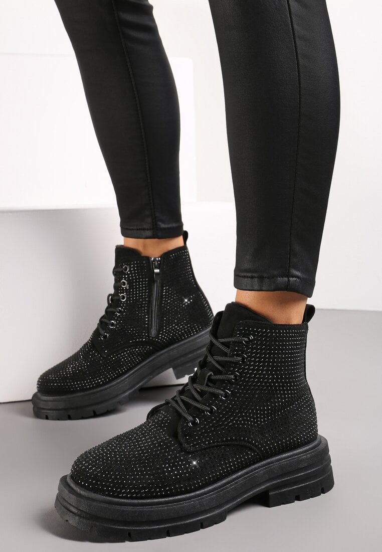 Czarne Sznurowane Botki w Cyrkonie na Grubej Podeszwie Lirandor