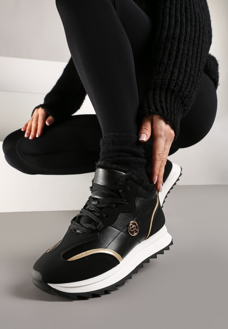 Czarne Ocieplane Sneakersy na Platformie z Protektorem Solina