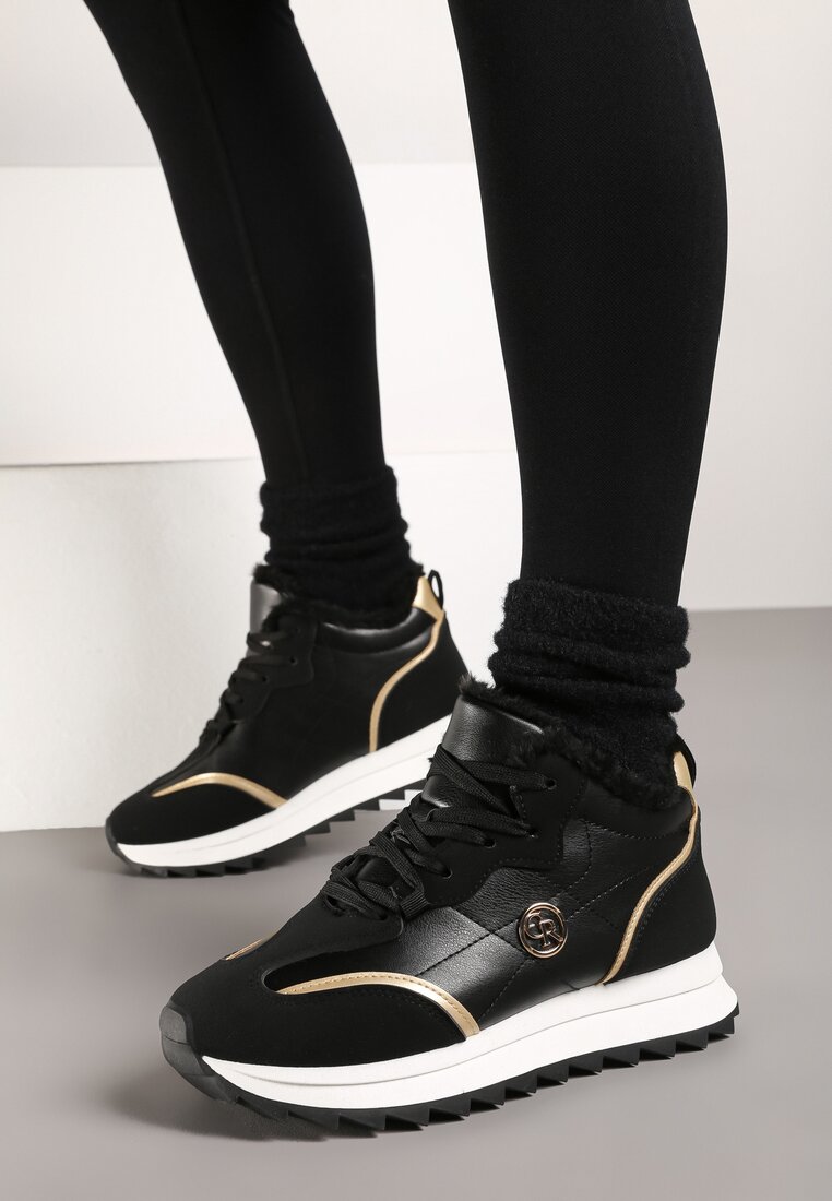 Czarne Ocieplane Sneakersy na Platformie z Protektorem Solina