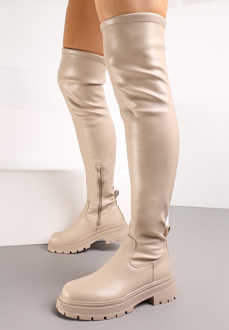 Ciemnobeżowe Kozaki za Kolano z Ekoskóry na Grubej Podeszwie Astelin