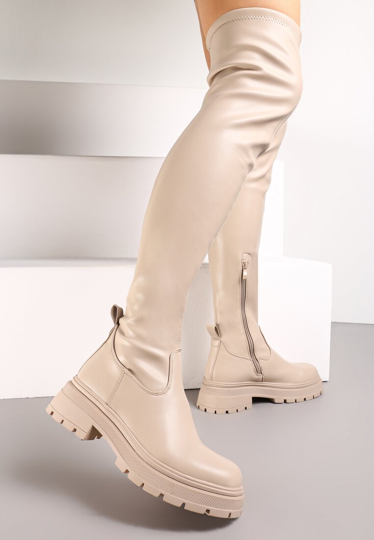 Ciemnobeżowe Kozaki za Kolano z Ekoskóry na Grubej Podeszwie Astelin