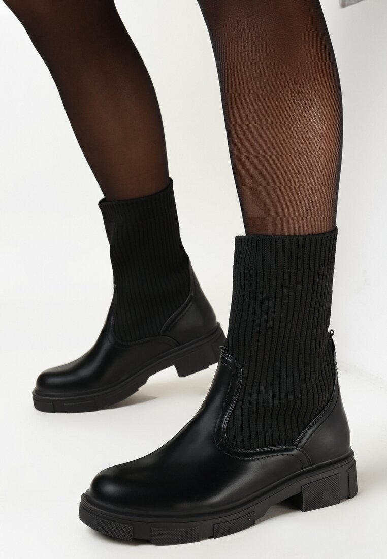 Czarne Botki ze Skarpetkową Cholewką i Łańcuchami Delirra