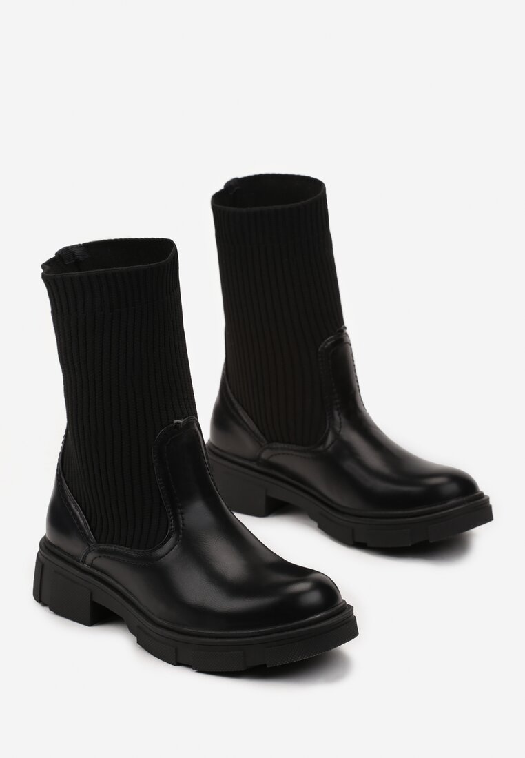 Czarne Botki ze Skarpetkową Cholewką i Łańcuchami Delirra