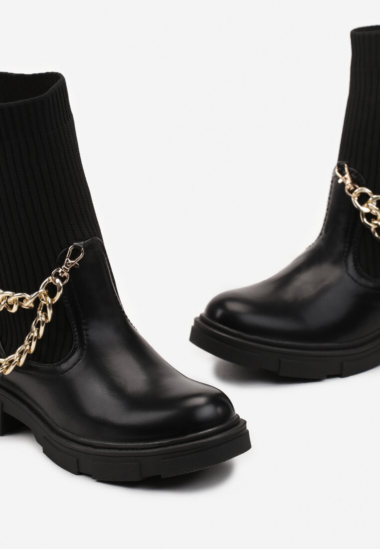 Czarne Botki ze Skarpetkową Cholewką i Łańcuchami Delirra