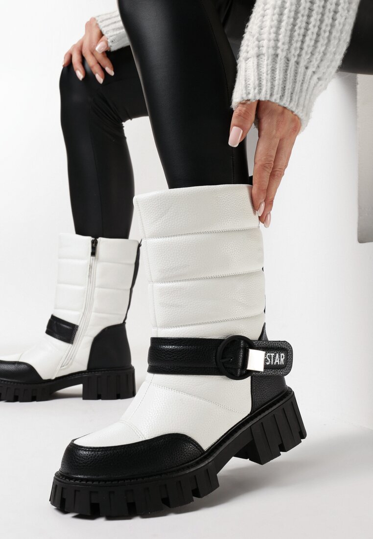 Biało-Czarne Botki na Płaskiej Podeszwie z Klamrą i Pikowaniem Aurorab