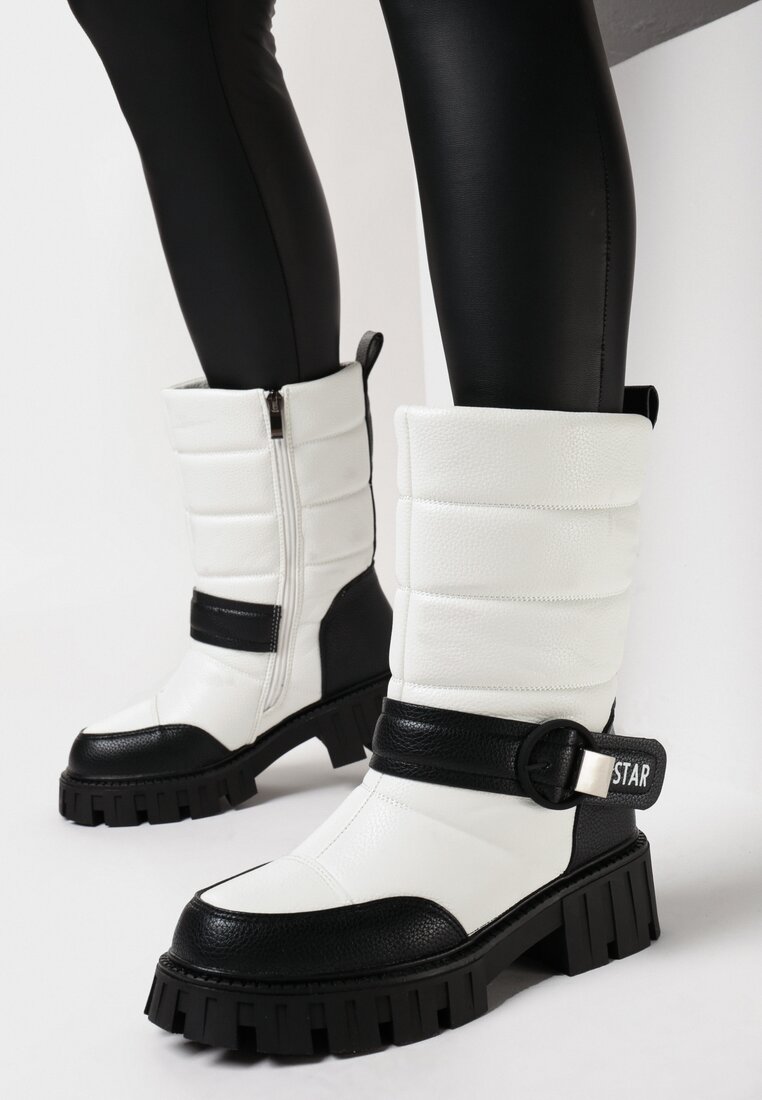 Biało-Czarne Botki na Płaskiej Podeszwie z Klamrą i Pikowaniem Aurorab