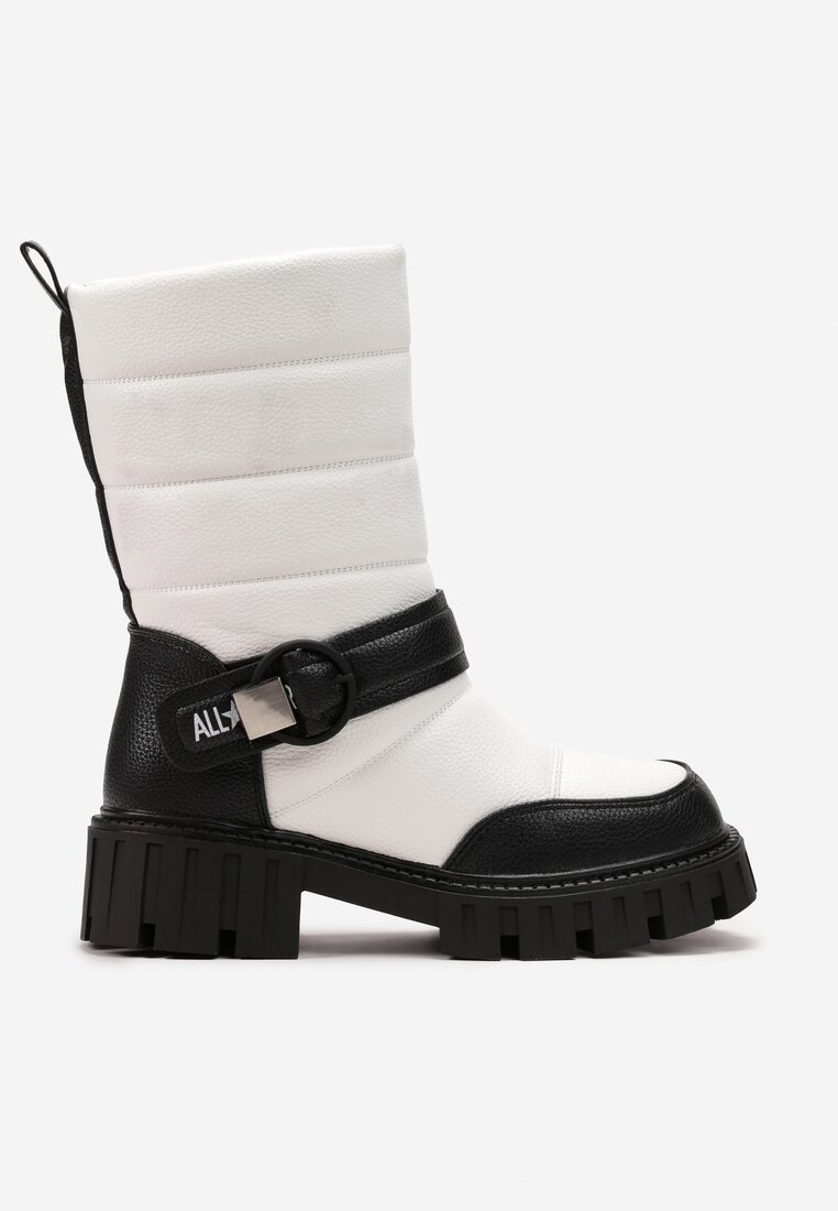 Biało-Czarne Botki na Płaskiej Podeszwie z Klamrą i Pikowaniem Aurorab
