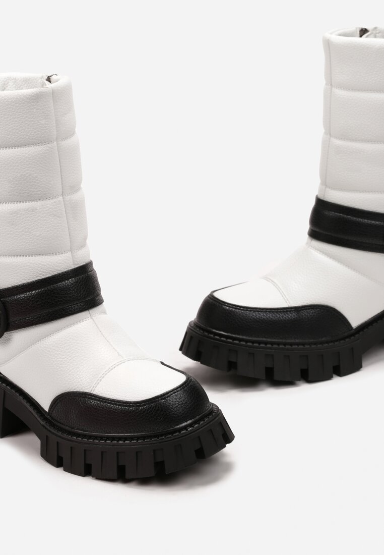 Biało-Czarne Botki na Płaskiej Podeszwie z Klamrą i Pikowaniem Aurorab