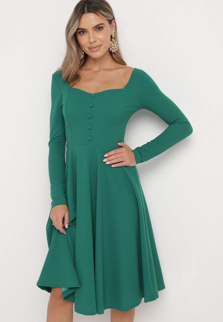Zielona Rozkloszowana Sukienka Midi z Ozdobnymi Guzikami Aramita