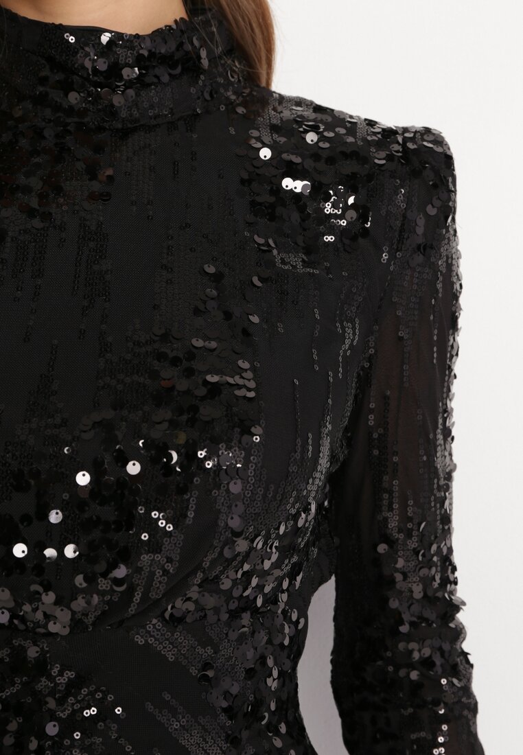 Czarna Cekinowa Sukienka Mini z Poduszkami w Ramionach Macerata