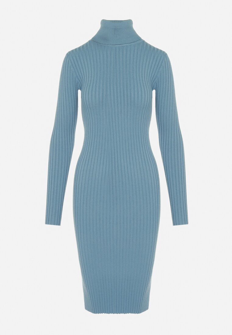 Niebieska Sweterkowa Sukienka Midi z Golfem i Wełną Arione