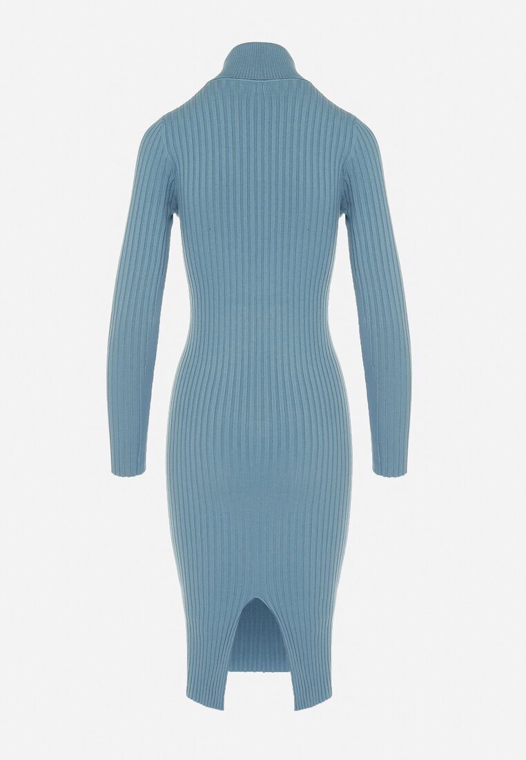 Niebieska Sweterkowa Sukienka Midi z Golfem i Wełną Arione