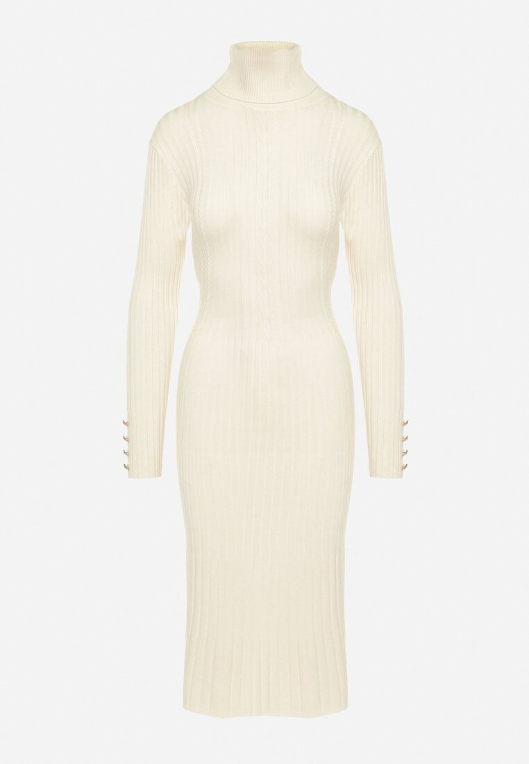 Jasnobeżowa Sweterkowa Sukienka Midi z Wełną z Golfem i Ozdobnymi Guzikami Cindra