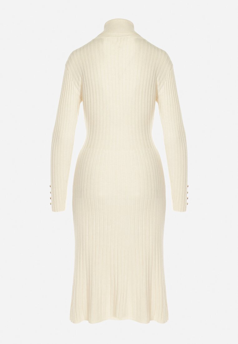 Jasnobeżowa Sweterkowa Sukienka Midi z Wełną z Golfem i Ozdobnymi Guzikami Cindra