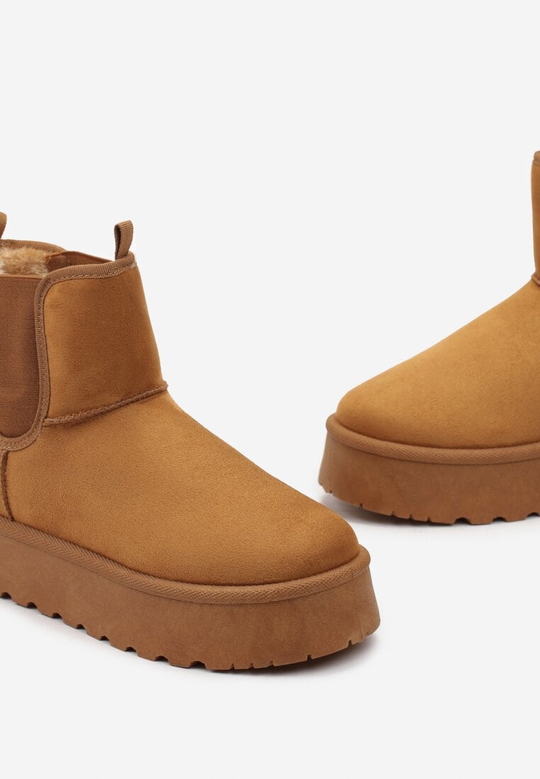 Brązowe Śniegowce na Platformie z Cholewką z Ekozamszu za Kostkę z Ozdobną Wstawką Selriwa