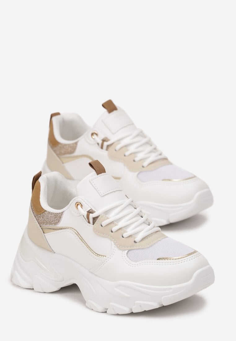 Biało-Złote Sneakersy na Grubej Podeszwie z Metalicznymi Wstawkami Andoma