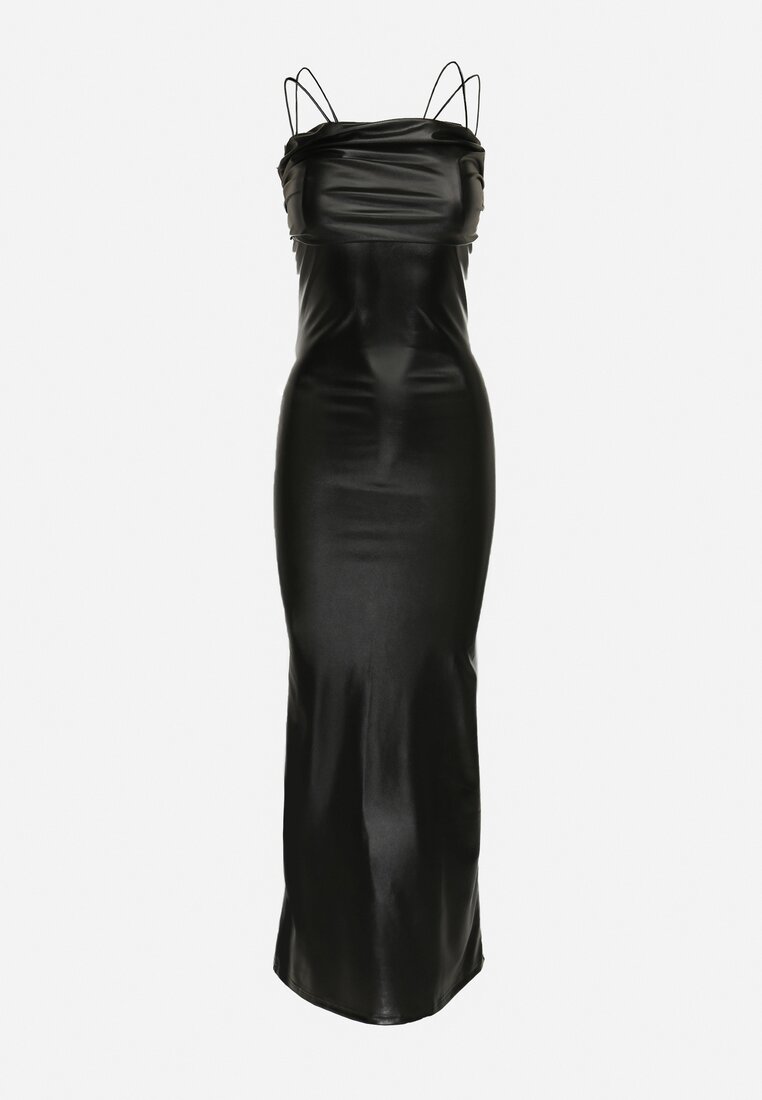 Czarna Połyskująca Sukienka Maxi z Ekoskóry Bez Ramiączek Liere