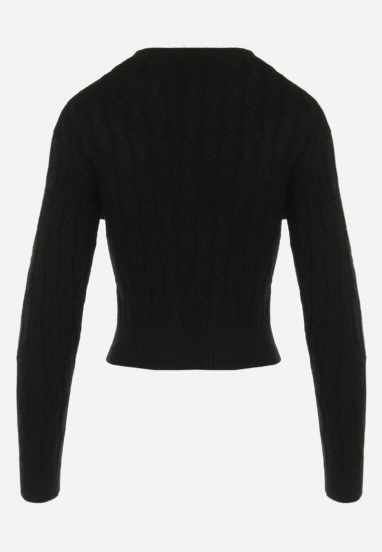 Czarny Sweter w Warkoczykowy Splot z Trójkątnym Dekoltem Goldria