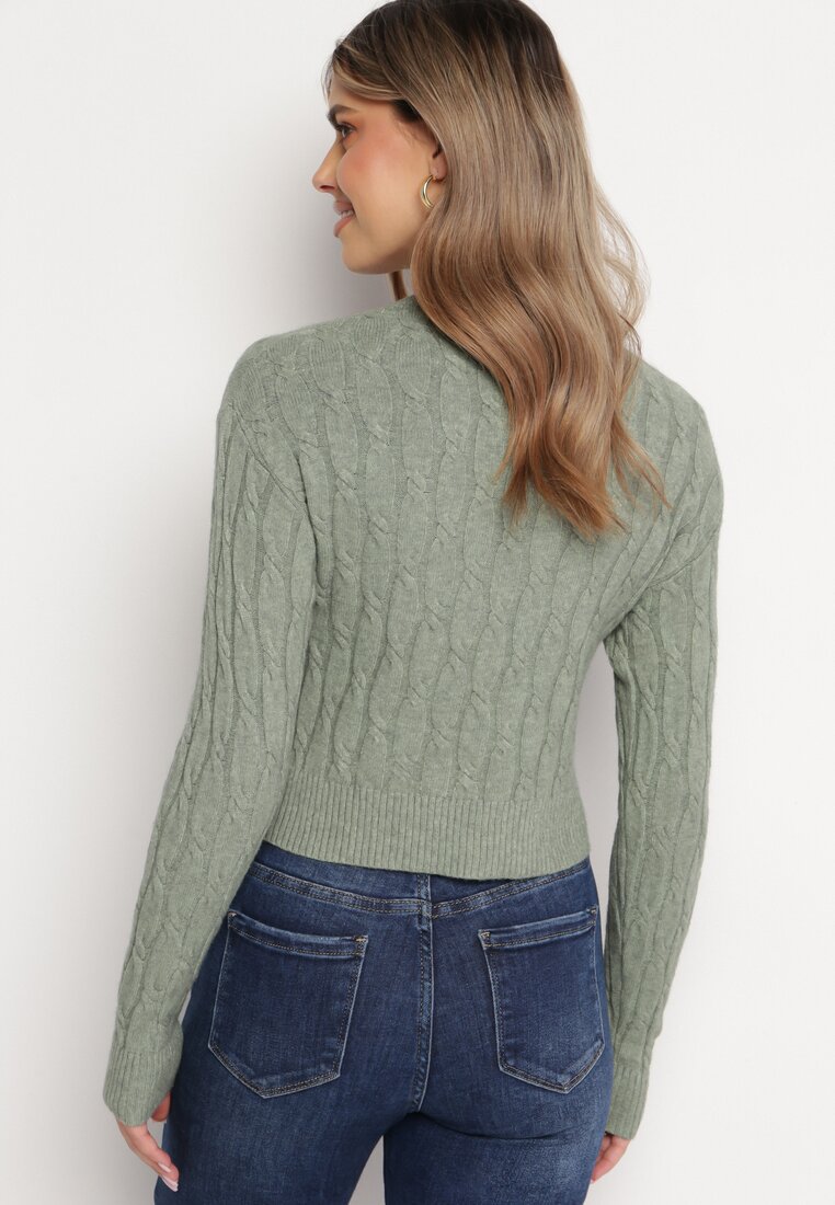 Zielony Sweter w Warkoczykowy Splot z Trójkątnym Dekoltem Goldria