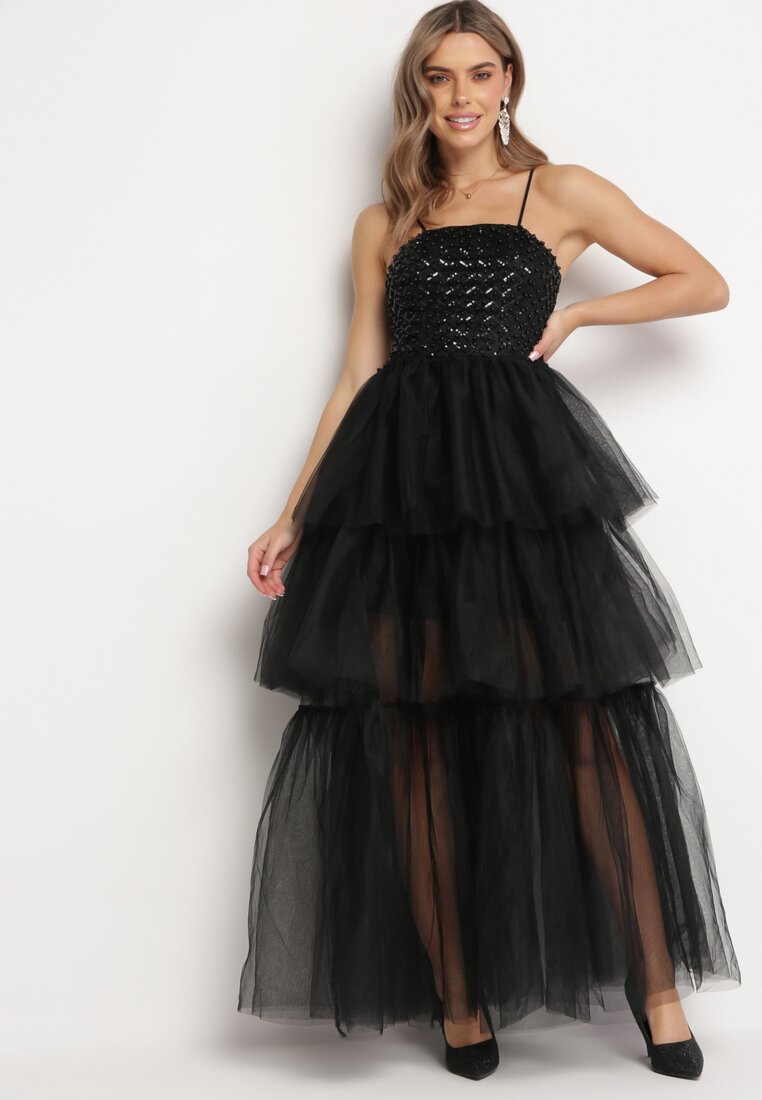 Czarna Sukienka Maxi z Tiulowymi Falbanami i Ozdobnymi Cekinami Joliette