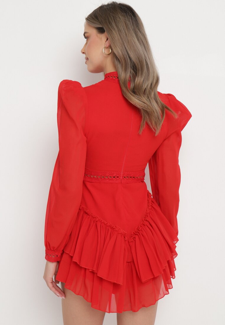 Czerwona Rozkloszowana Sukienka Kombinezon Mini z Falbankami Gilha