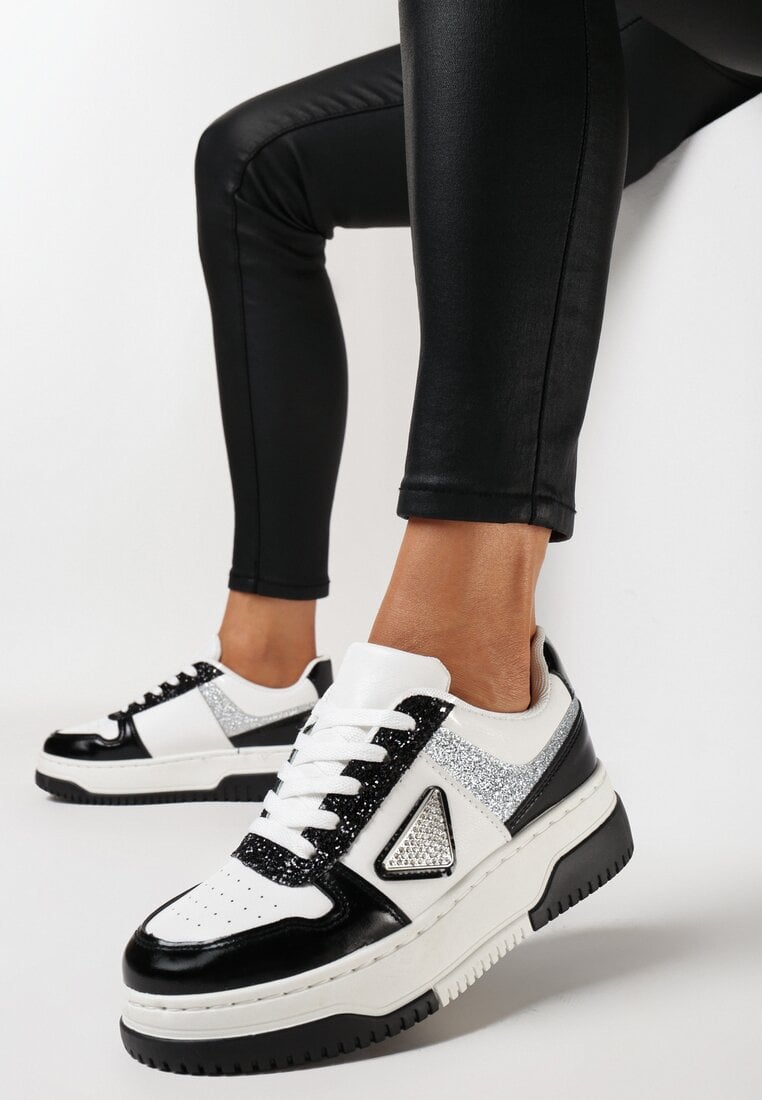 Czarno-Białe Sneakersy przed Kostkę na Grubej Podeszwie Flickra