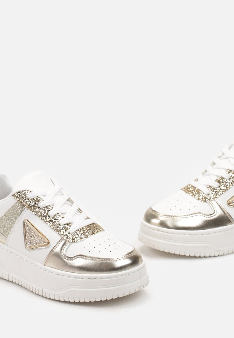 Biało-Złote Sneakersy przed Kostkę na Grubej Podeszwie Flickra