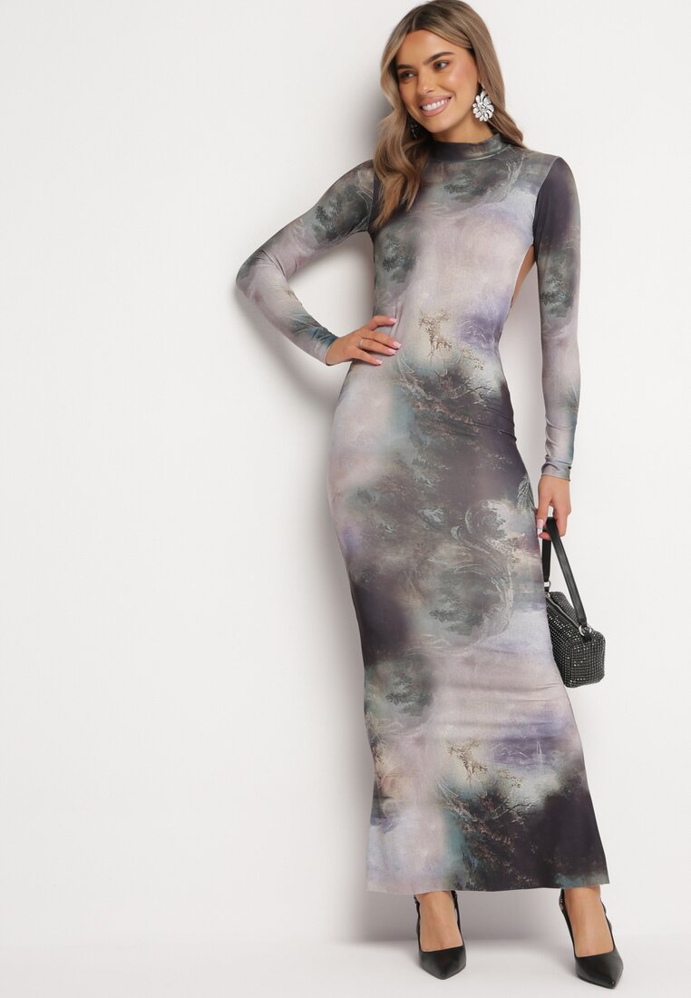 Ciemnozielona Bawełniana Sukienka Maxi z Półgolfem z Odkrytymi Plecami Rhodonis