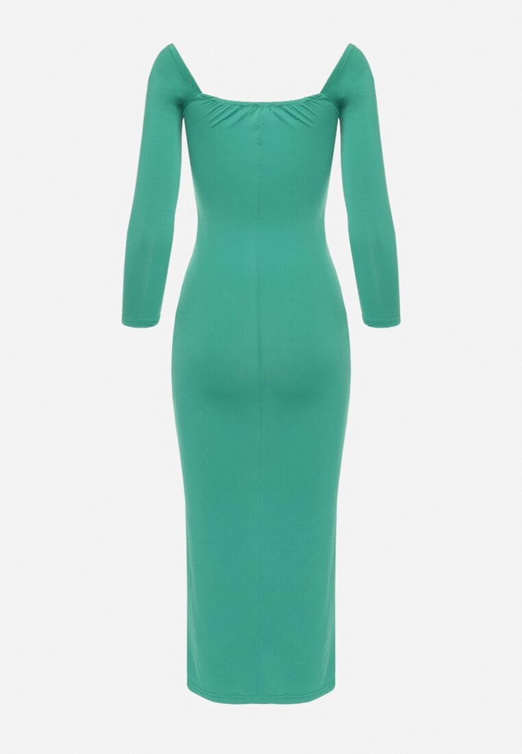 Zielona Dopasowana Sukienka Midi z Odkrytymi Ramionami i Kopertowym Dekoltem Brisanna