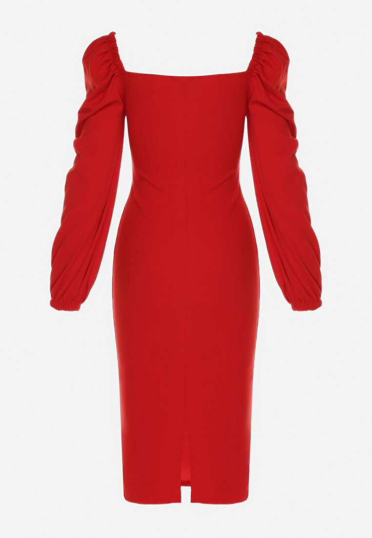 Czerwona Sukienka Midi z Kopertową Górą i Bufiastymi Rękawami Ozdobiona Marszczeniami Azurma