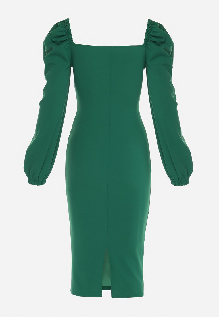Zielona Sukienka Midi z Kopertową Górą i Bufiastymi Rękawami Ozdobiona Marszczeniami Azurma