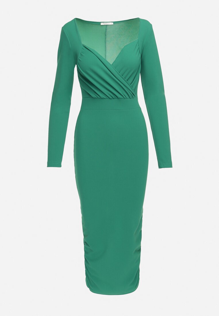 Zielona Dopasowana Sukienka Maxi z Kopertowym Dekoltem Mistena