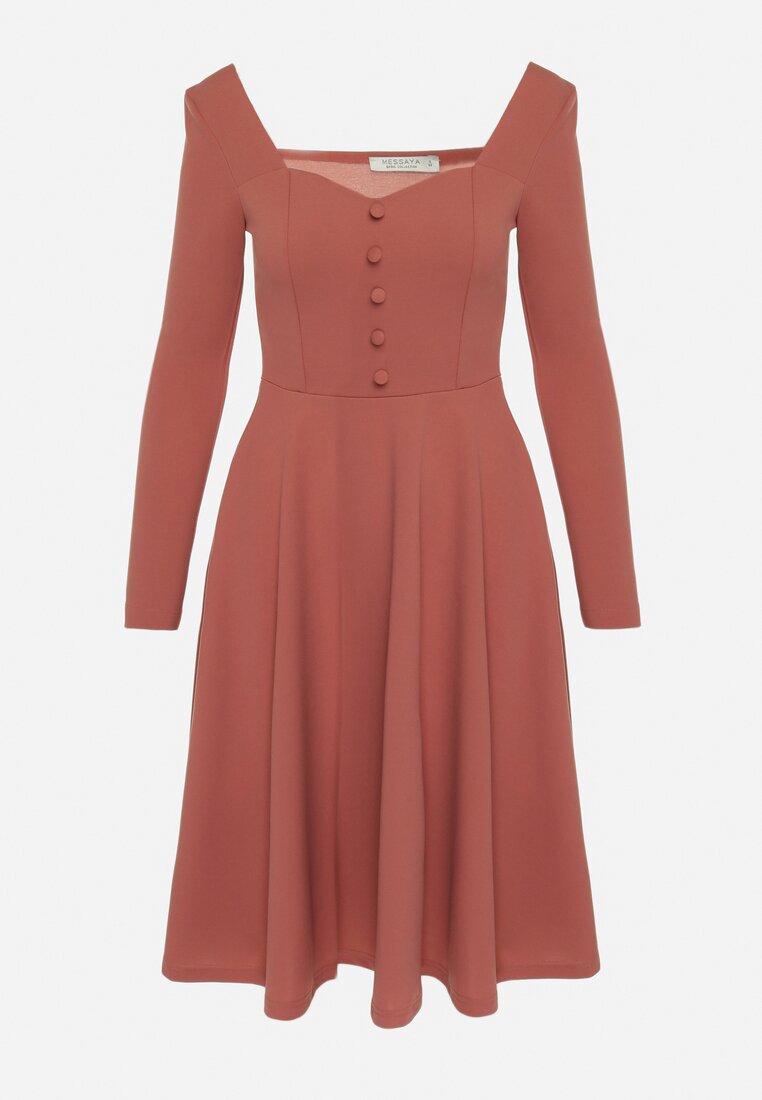 Różowa Rozkloszowana Sukienka Midi z Kwadratowym Dekoltem i Guzikami Anemonia